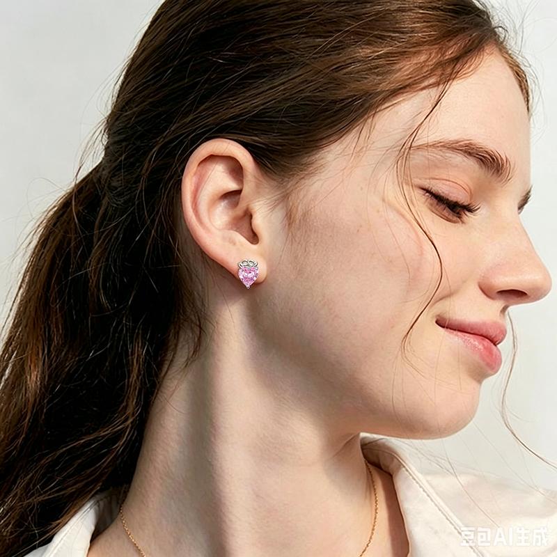 WOSTU 925 Sterling Silver Strawberry Heart Pink Zircon Stud Earrings For Girl Daily Wear Ear Studs Lovely Jewlery Birthday Gift