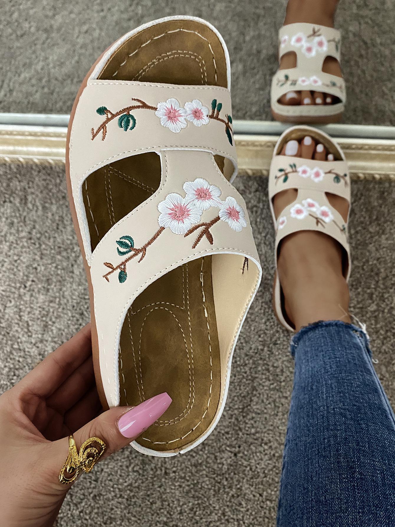 

2023 Summer Plus Size Wedge Heel Embroidered Floral Women s Sandals 39 брудно-білий