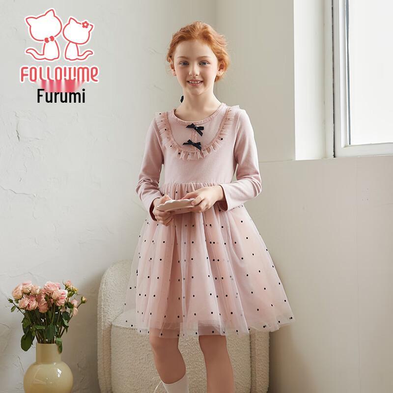 Розовое сетчатое платье-принцесса в горошек с бантом для девочек Fuluomi 110