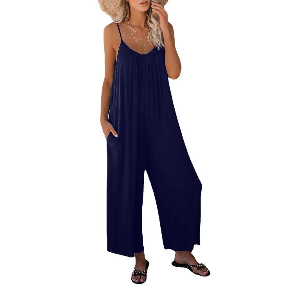 Women's V Neck Sleeveless Loose Fit Jumpsuit Solid Color Pocket Elegant Summer Polyester Wide Leg Romper