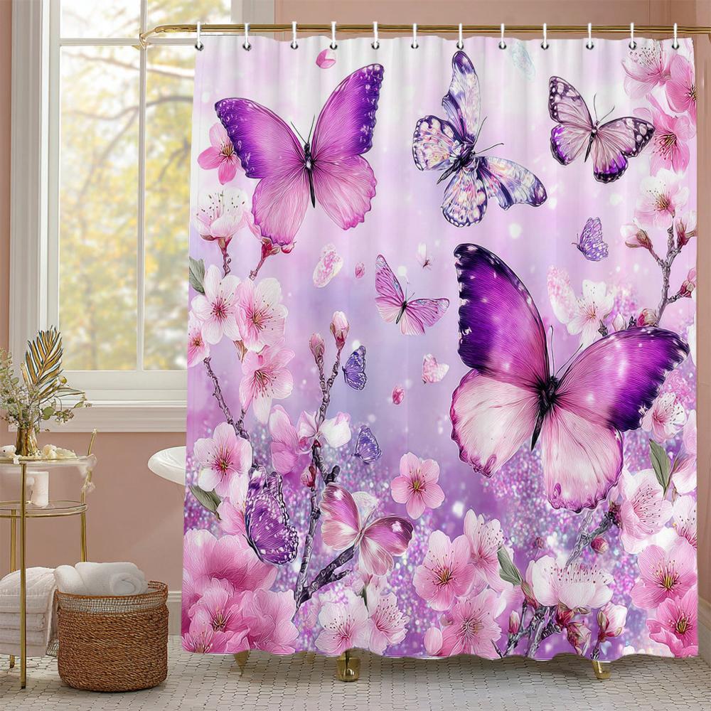 

Pink Colour Floral Plant Butterflies Shower Curtain, Bathroom Decorative Shower Curtain, Waterproof Shower Curtain with Hooks 90x180cm-35x70in