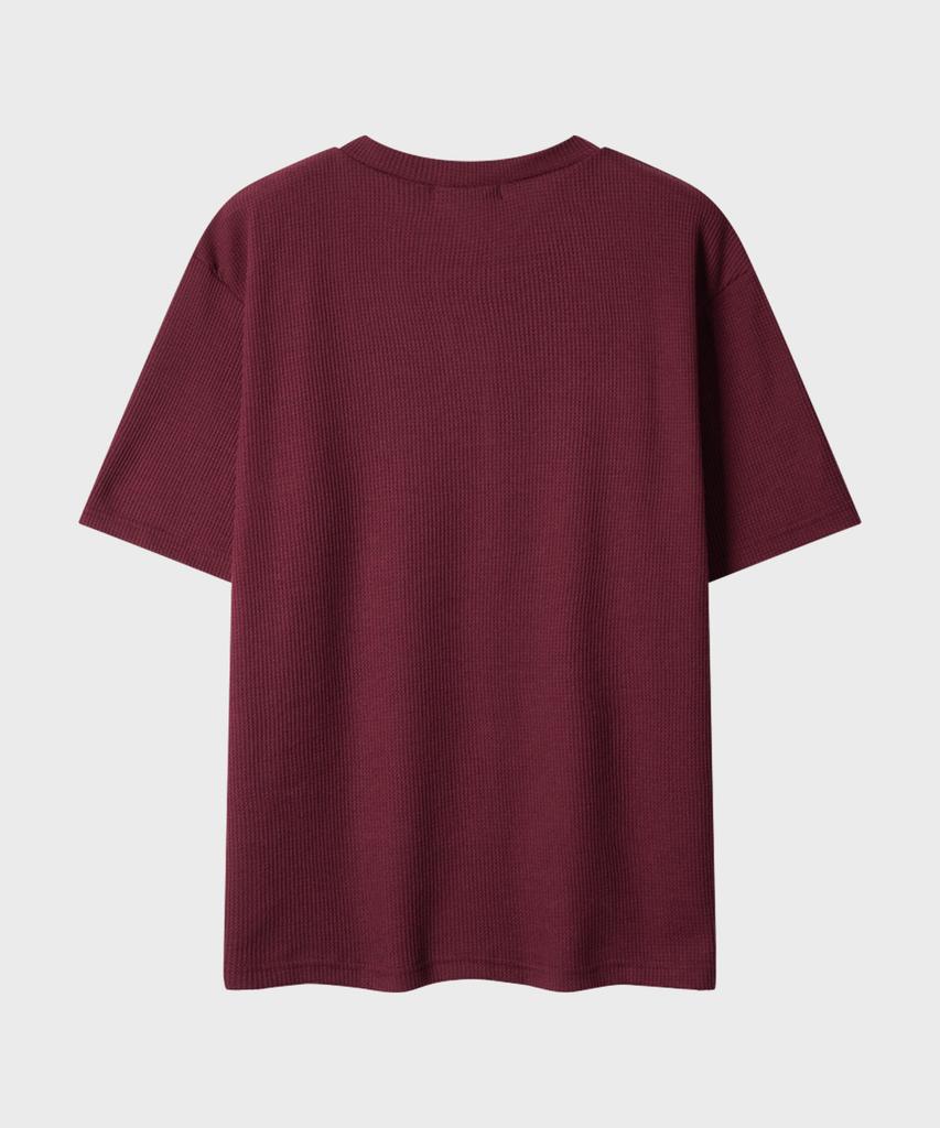 LEIRE Waffle Henley Neck Semi-Crop T-Shirt [Burgundy]