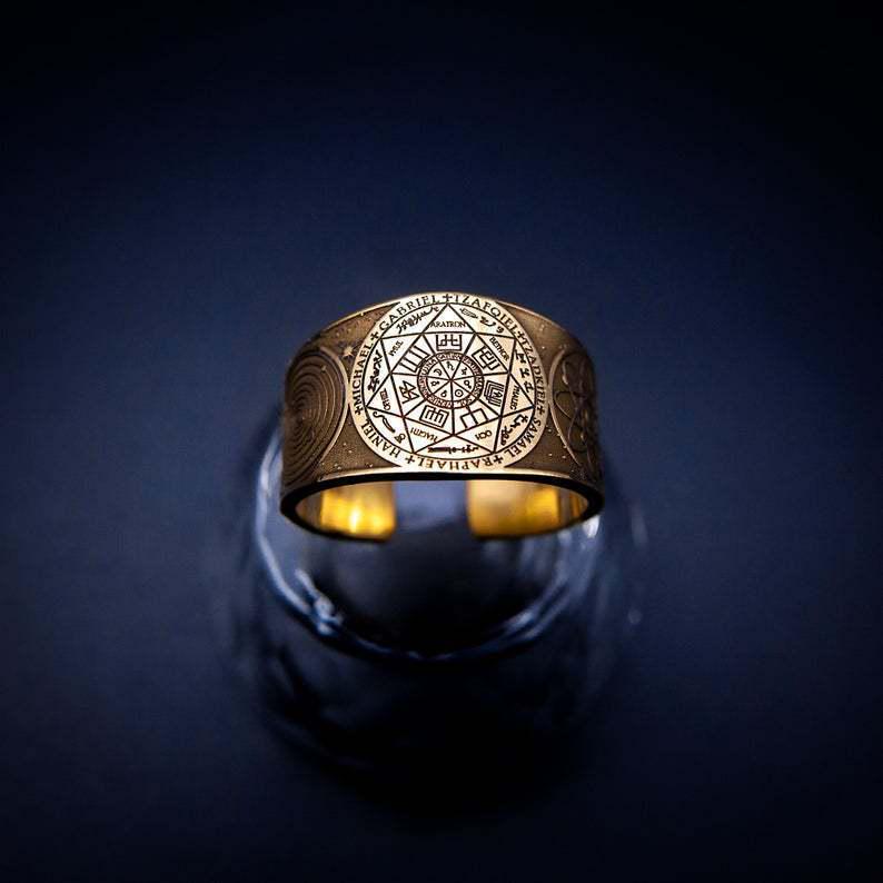 Handmade Russian Retro Angel Brass Ring with Seal of Solomon - Adjustable