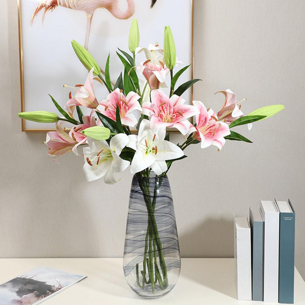Artifical Lily Flowers with 3 Heads Full Bloom Long Stem Fake Flower Branch for Wedding Party Bouquet Home Hotel Office Decor