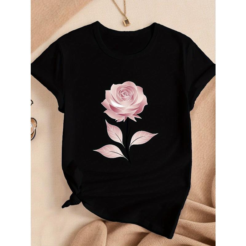 

European sizes Women s Elegant Black T-Shirt with Pink Rose Illustration, Soft & Breathable Short Sleeve Round Neck Top 4XL чорний