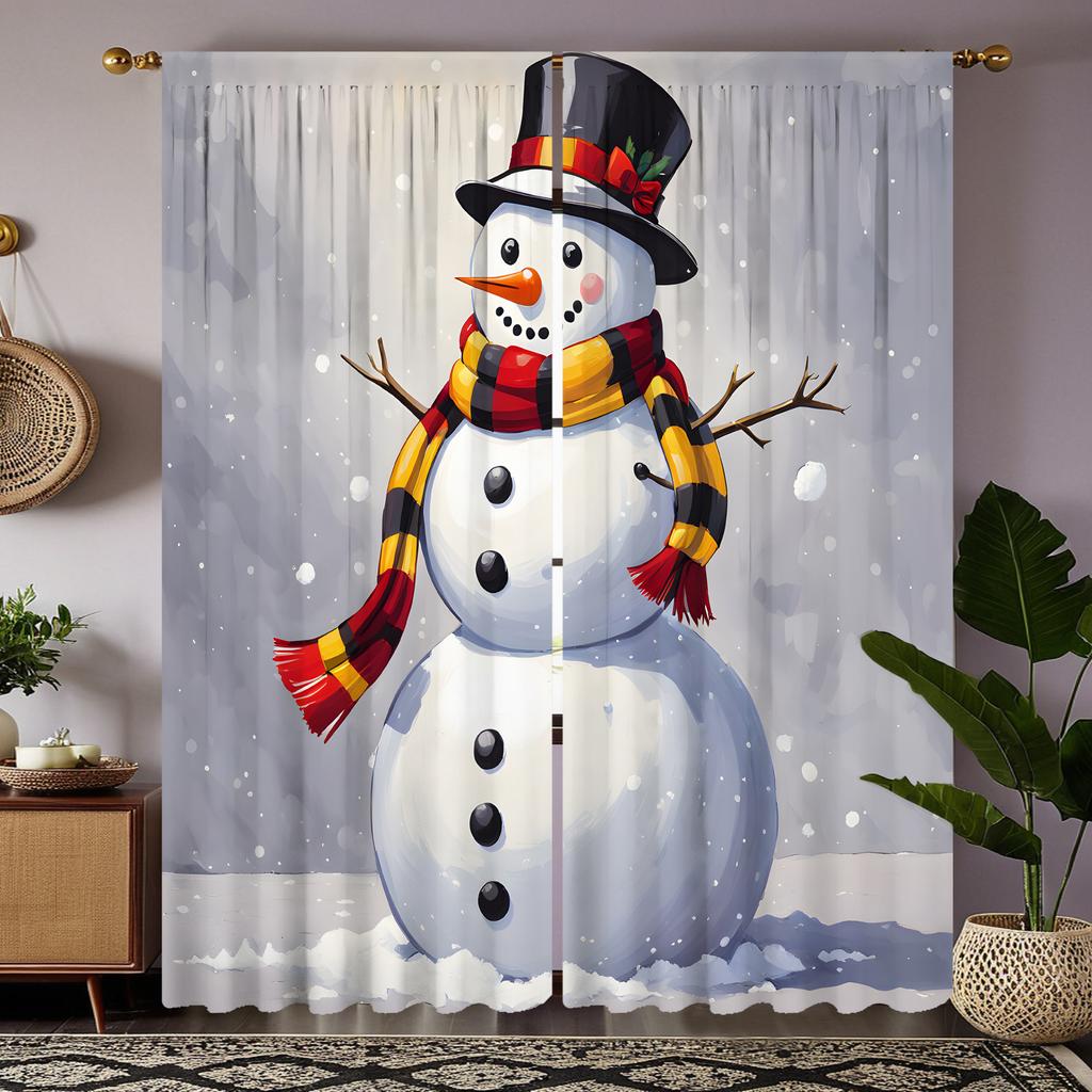 2pcs HD Christmas White Snowman Curtain White Tie Digital Printed Curtain Home Decoration Style Decorate Living Room Bedroom