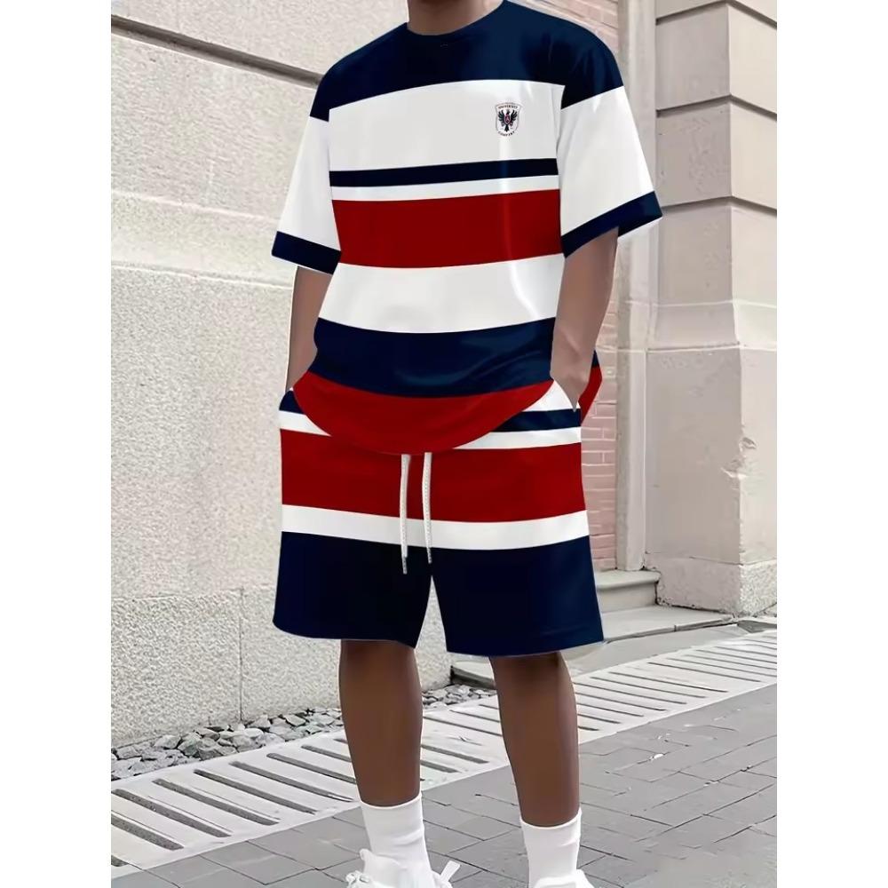 The Summer New Men's Suit Features a Retro Teddy Bear Printed Round-neck T-shirt and Shorts, Knitted Polyester Men's Wear