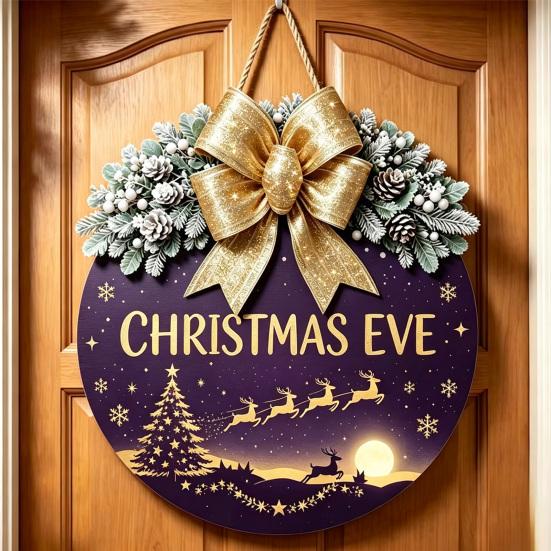 Decorative Pine Cone Sign Christmas Wooden Welcome for Front Door, Round Hanging Ornament with Solid Wood Plate Artificial Branches & Bow Decor