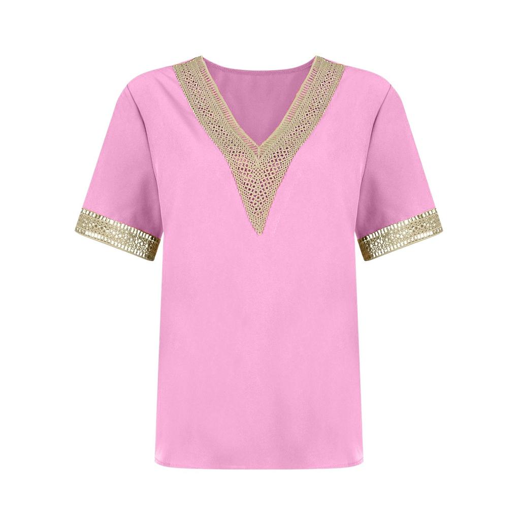 Women's Fashion Solid Color Loose T-shirt Lace Lace Short Sleeve Chiffon Top
