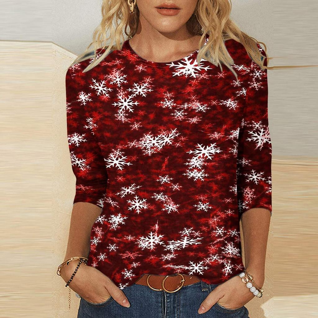 Damen-T-Shirt mit modischem Weihnachtsdruck, lässig, langärmelig, Rundhalsausschnitt