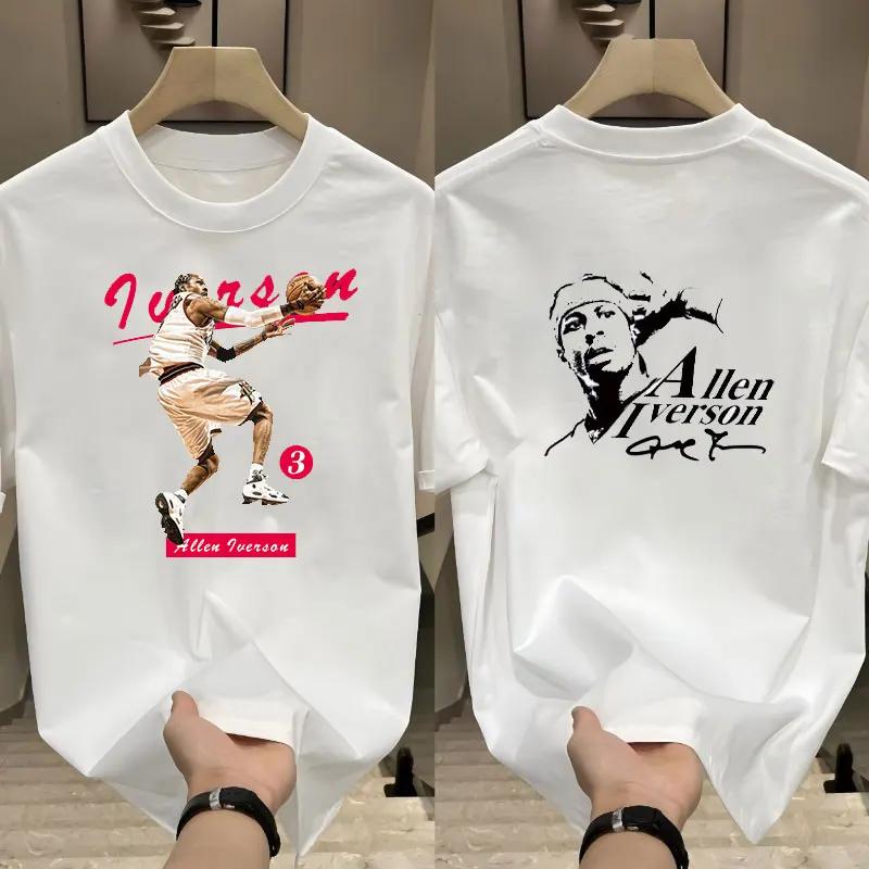 Basketball Superstar Iverson Printed Cotton T-shirt Man Fashion Couple Clothe Personalized Pattern Short Sleeve High Quality