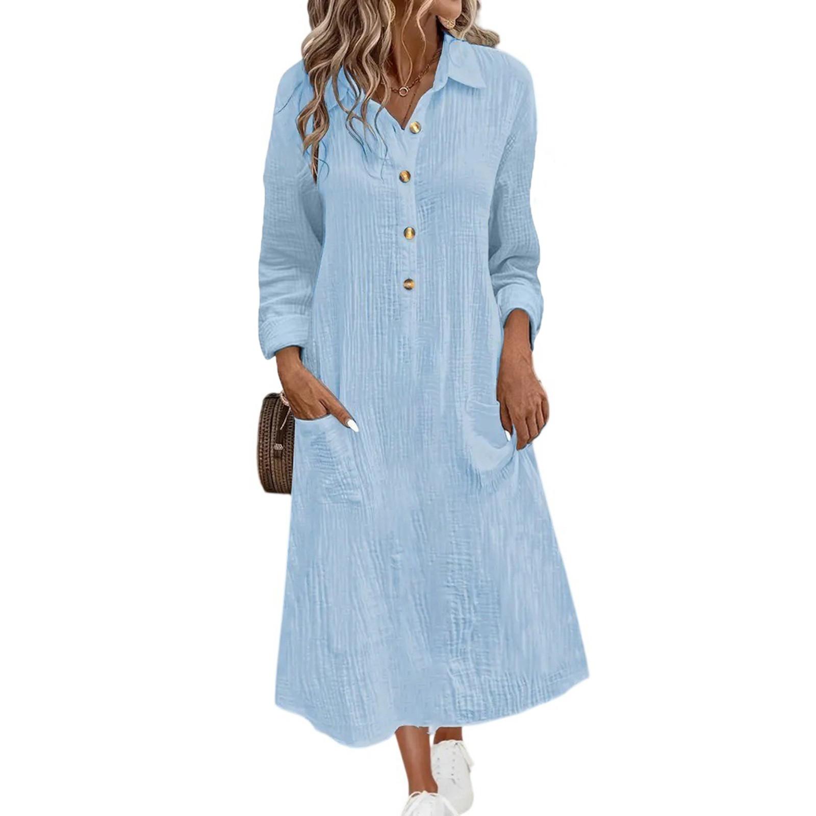 

Women s Fashion Solid Color V-neck Short Sleeve Button Long Dress S