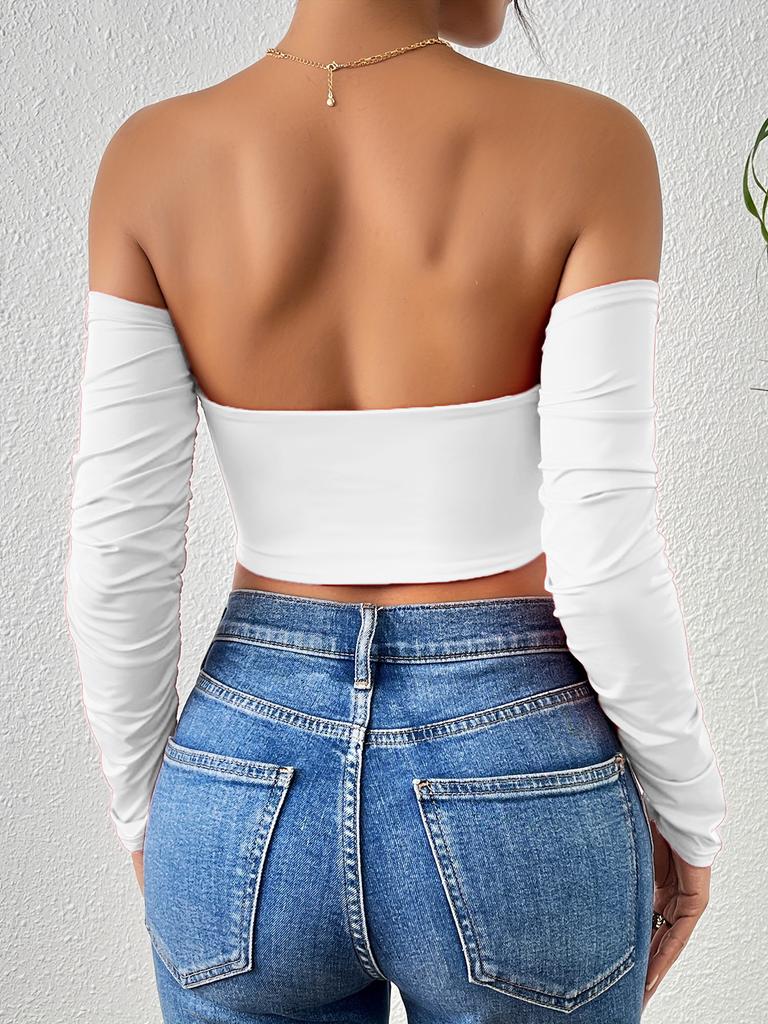 Solid Off-shoulder T Shirt Basic Long Sleeve Drawstring Crop Top Women T-shirt Casual Tank Top Slim Female Crop Top Fashion Tee Shirt Y2k Streetwear