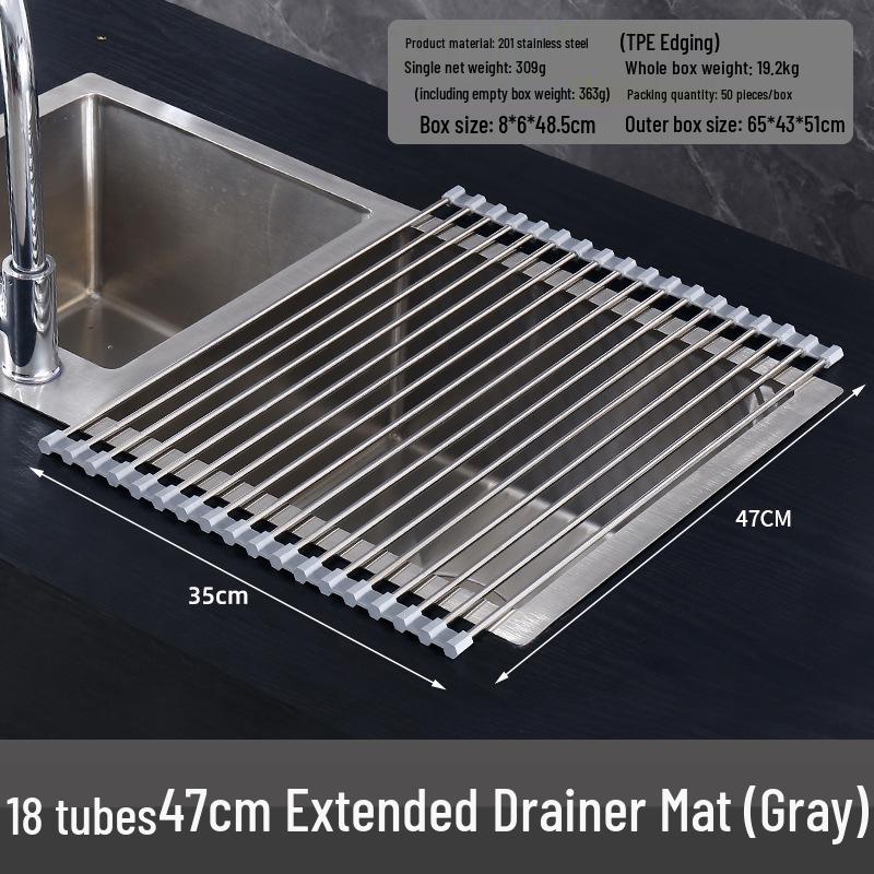 Foldable Stainless Steel Sink Drainer Rack & Roll-Up Dish Mat