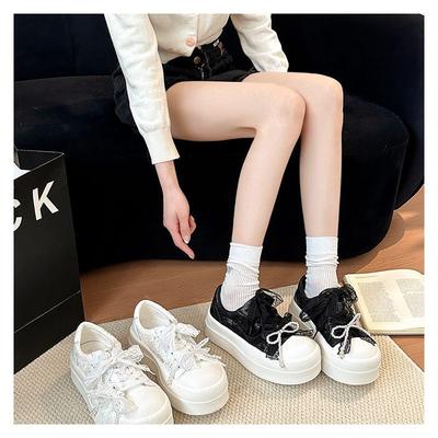 Thick-soled Heightening Little White Shoes Women's 2025 Spring New Shoes Pearl Lace-up Bow Casual Shoes Lace Mesh Tide