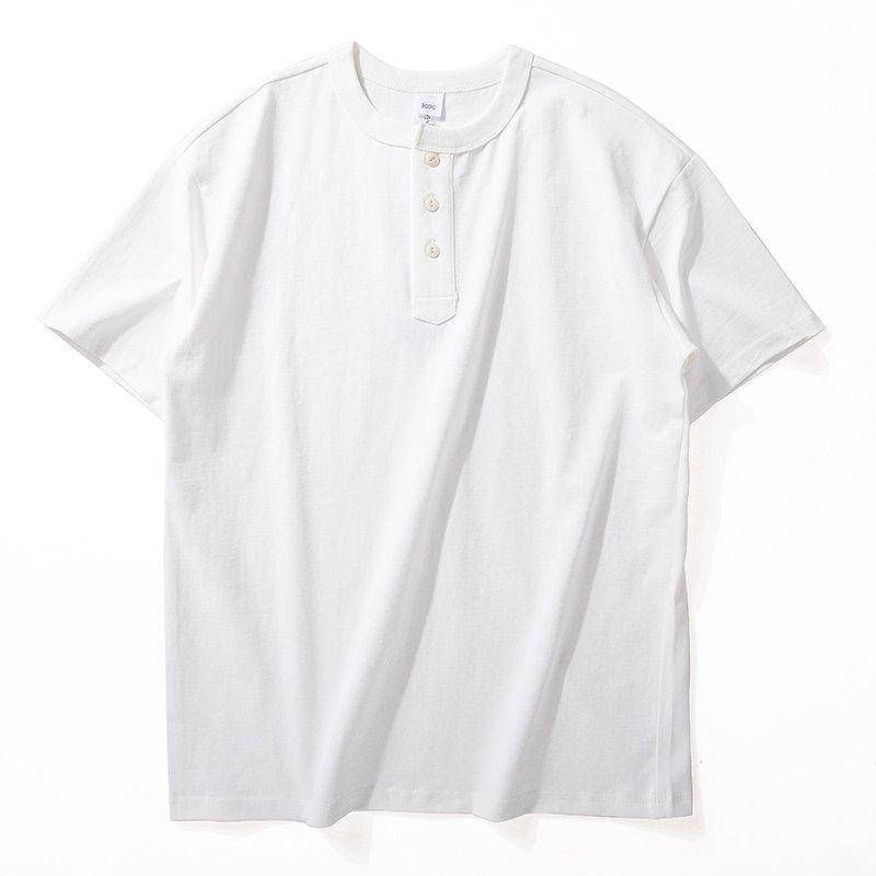 American-Style 300g Heavyweight Short-Sleeve T-Shirt for Men, Summer Casual Solid Color Versatile Top, Stylish Henley Collar Pure Cotton Half-Sleeve