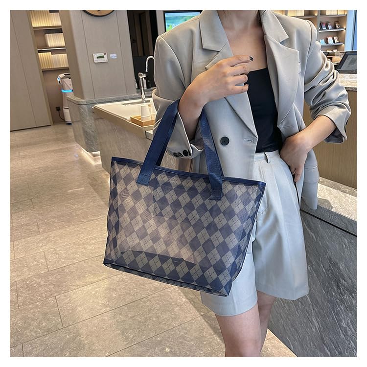 Suitcase Company Women's Mesh Tote Bag, Large Capacity, A4 Size, Lightweight, Zippered, Gym Bag, Sauna Bag, Pool Bag, Beach Bag, Shoulder Bag, Argyle