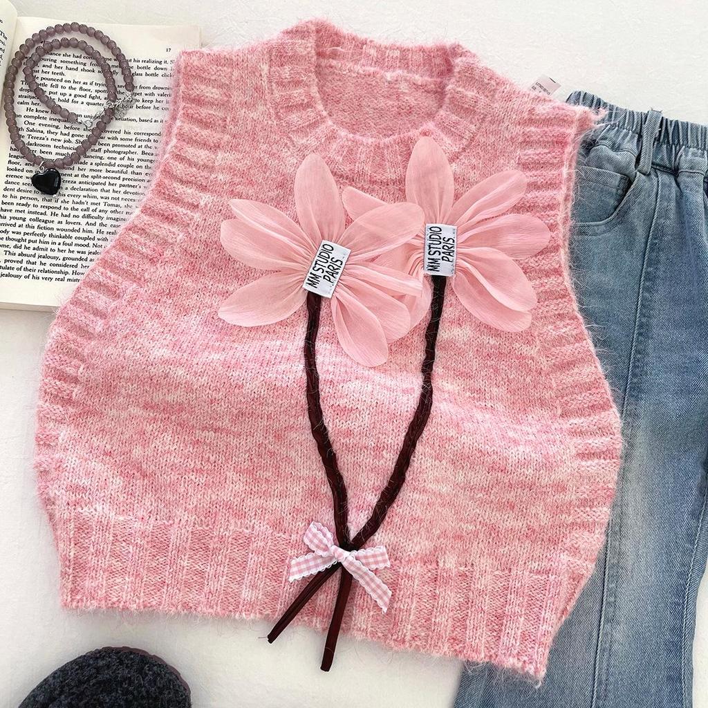 Baby Girl Autumn Knit Set: Wool Vest, Shirt & Micro-Flare Jeans Trendy Three-Piece 2025.