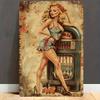 8x12 Inch Retro Metal Wall Sign - Vintage 1940s Pin-Up Girl & Jukebox Design, Durable Iron Rustic Wall Art for Bar, Music Room