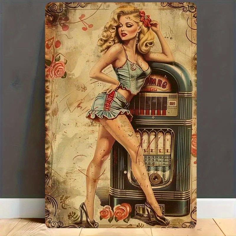8x12 Inch Retro Metal Wall Sign - Vintage 1940s Pin-Up Girl & Jukebox Design, Durable Iron Rustic Wall Art for Bar, Music Room