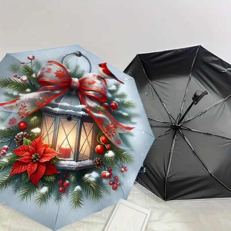 1PC Christmas Lantern BirdAutomatic Open/Close Umbrella with Windproof, 8-Rib Sturdy Canopy, Durable Ribs, Fashionable Design, Outdoor Accessory, Fun