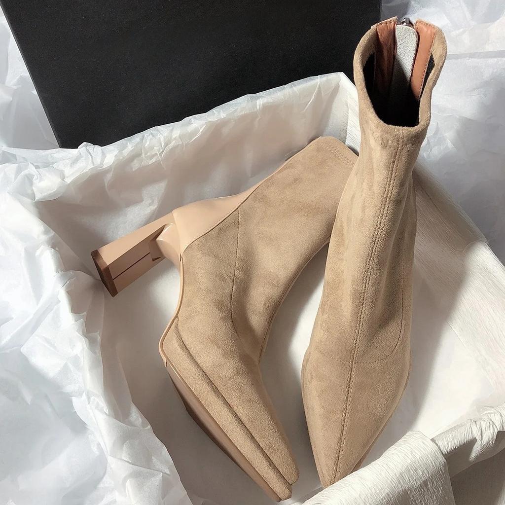 Spring and Autumn Fashion Solid Color High Heels Thin Boots Thick Heels Pointed Women's Boots Back Zipper Short Boots