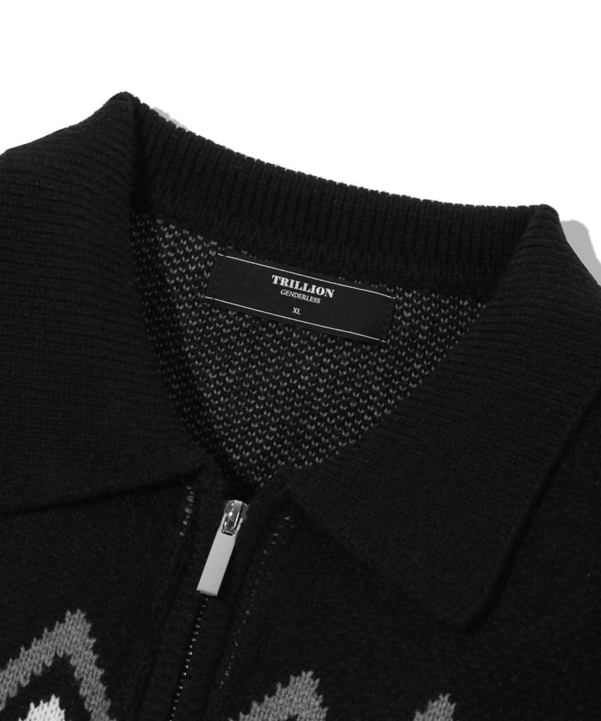 TRILLION Washable Nordic Jacquard Collar Neck 2-Way Zip-Up Knit [Black]