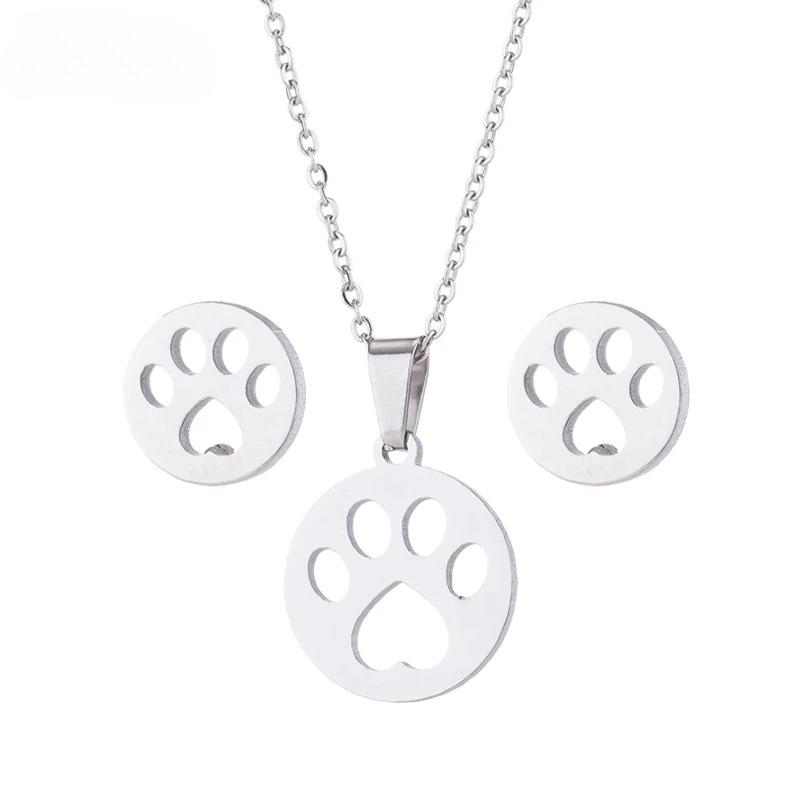 Härligt Guld Färg Kattunge Katt Rostfritt Stål Smyckesset Halsband Herr Collares Mode Ihåligt Kattörhänge Halsband Tass Smycken