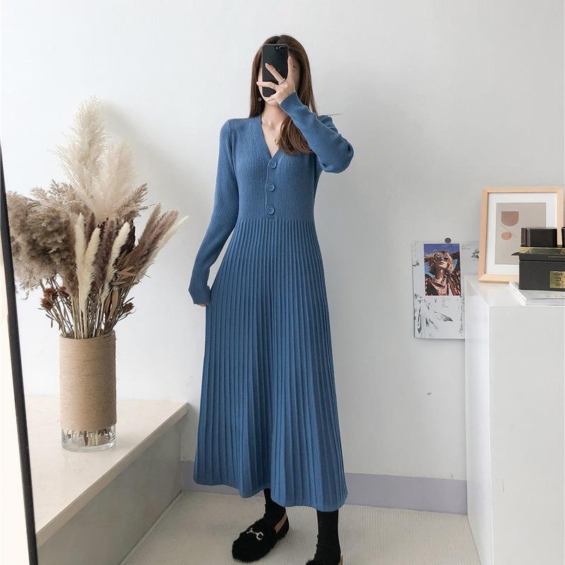Knitted Dress for Women In Spring Solid Color Casual A-line Long Dress Long-sleeved Casual V-neck Sweater Dress
