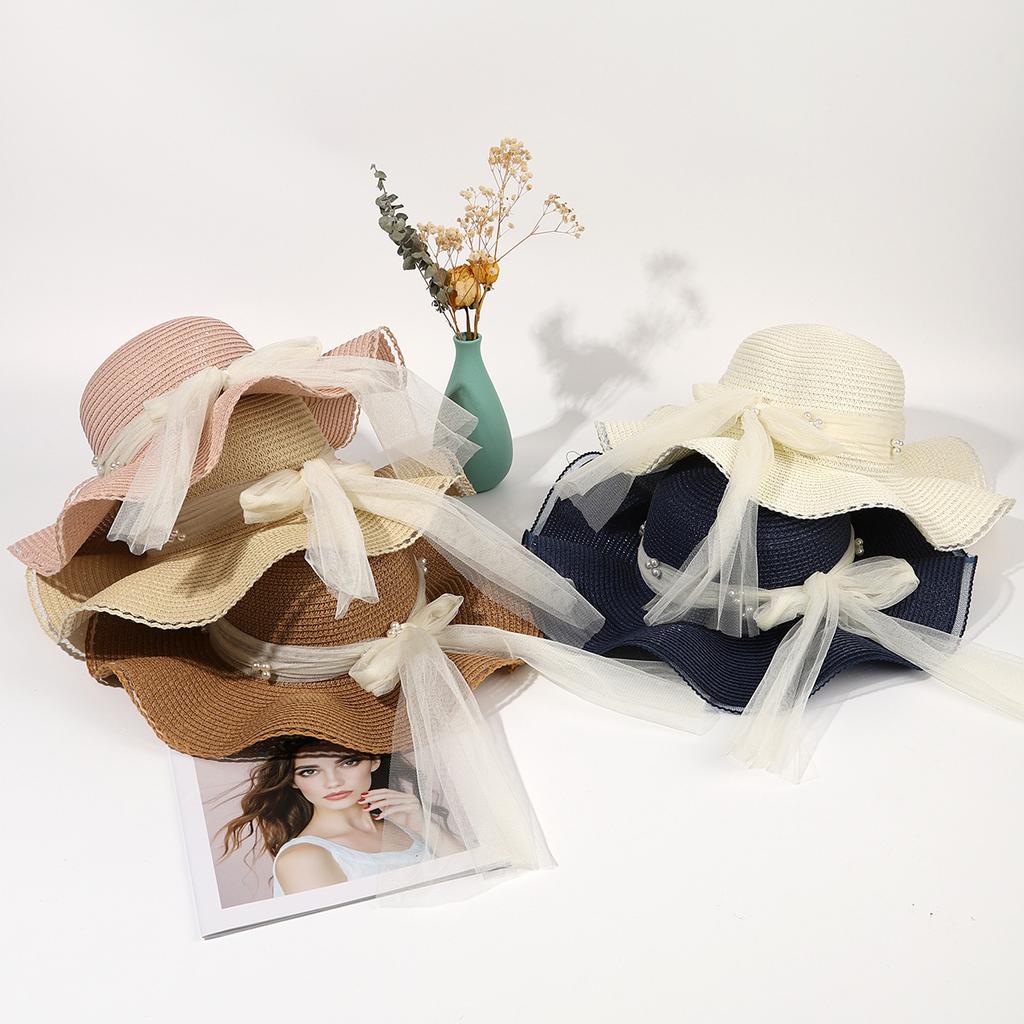 Summer big-brimmed beach hat women's pearl mesh yarn knot straw woven beige sun hat, tide sunscreen, sunshade straw hat women
