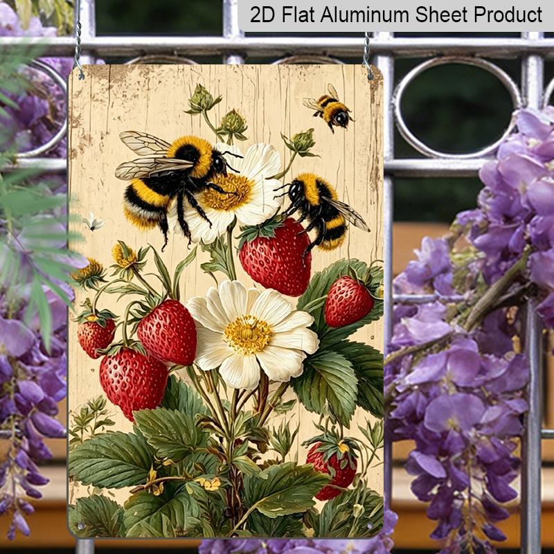 2D Flat, 1pc Vintage Bumblebee & Strawberry Aluminum Sign, Rustic Farmhouse Wall Decor for Garden, Patio, Kitchen Outdoor Yard & Balcony Ornament