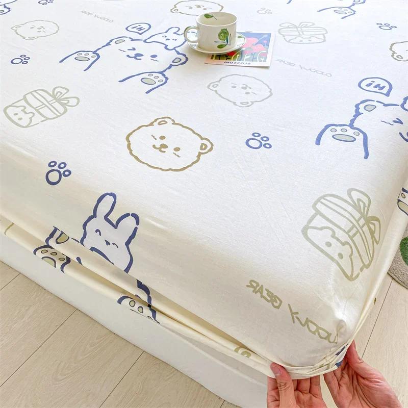 Kawaii Bear and Rabbits Printed Fitted Sheet Set Pure Cotton Cartoon Animals Mattress Cover for Kids Boys Girls Bedroom Decor