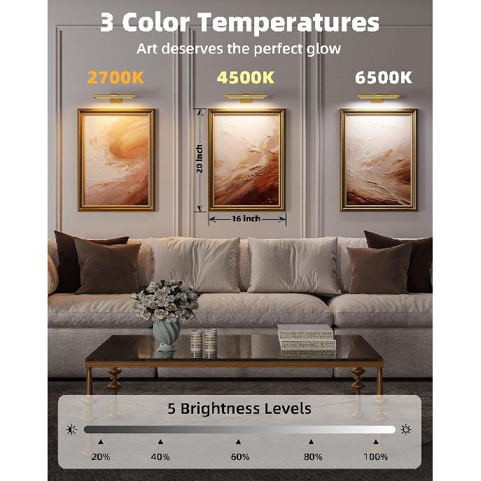 EZVALO Picture Light for Wall, Rechargeable 2400mAh Gold Lights Wireless with IR Remote, 3 Color & Dimmable Magnetic 7.87'' LED Lights Display for