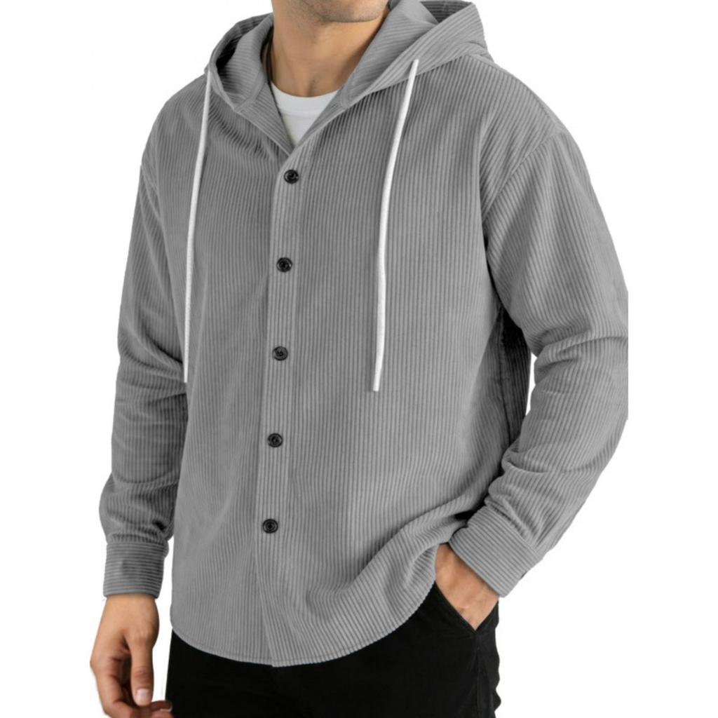Men's Casual Loose Fit Button Front Hooded Cardigan Long Sleeve Top