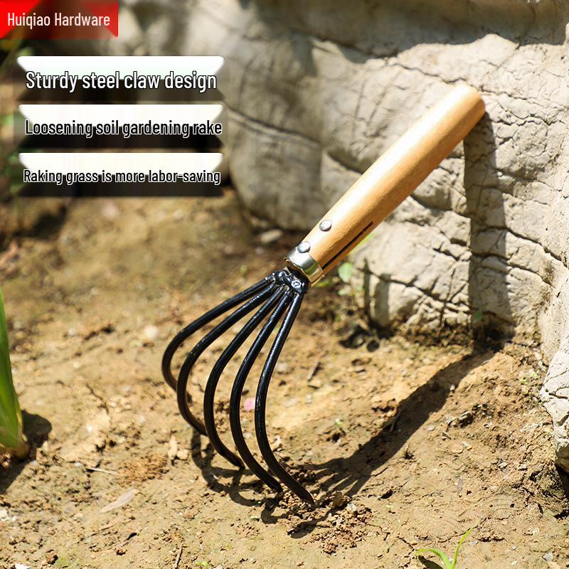 Multipurpose Five-Tine Rake for Soil Loosening, Beachcombing, Agriculture, Grass, Leaves, and Seafood Digging