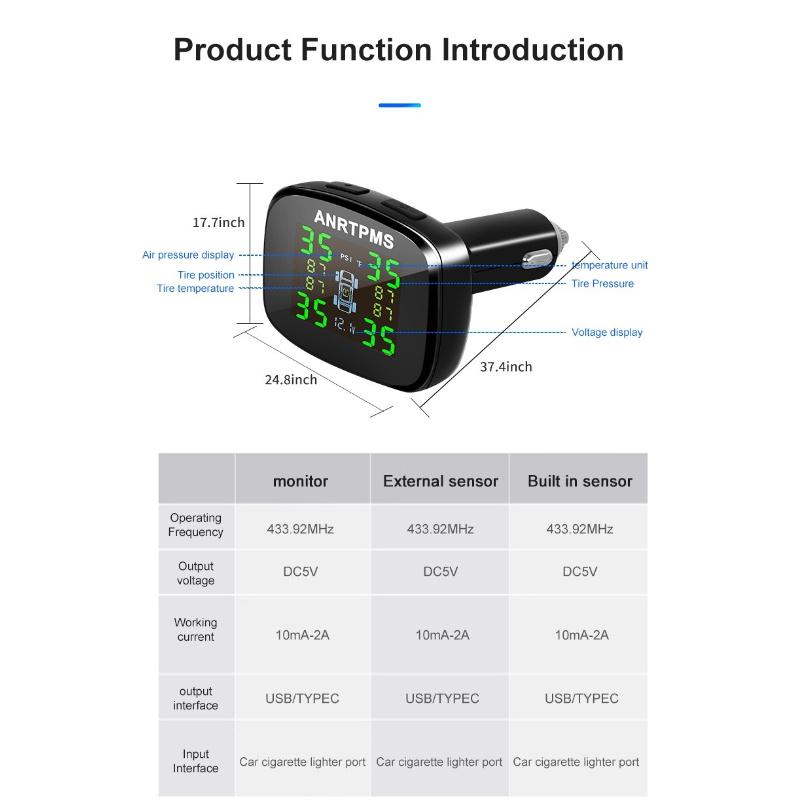 Wireless Car TPMS Tire Pressure Monitoring System with 4 External Sensors Colorful Display USB Output for RV SUV MPV Truck Sedan