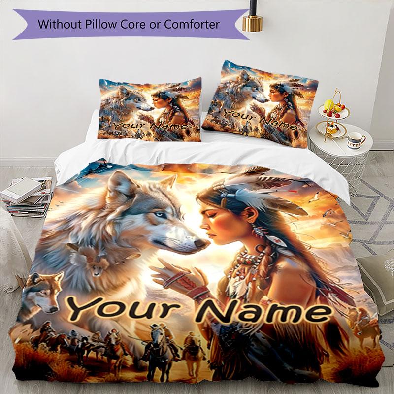 3pcs Custom Name Wolf Spirit Journey Bedding Set Printed Bedding Set Duvet Cover Closure Includes 1 Duvet Cover & 2 Pillowcases Bedroom Decor