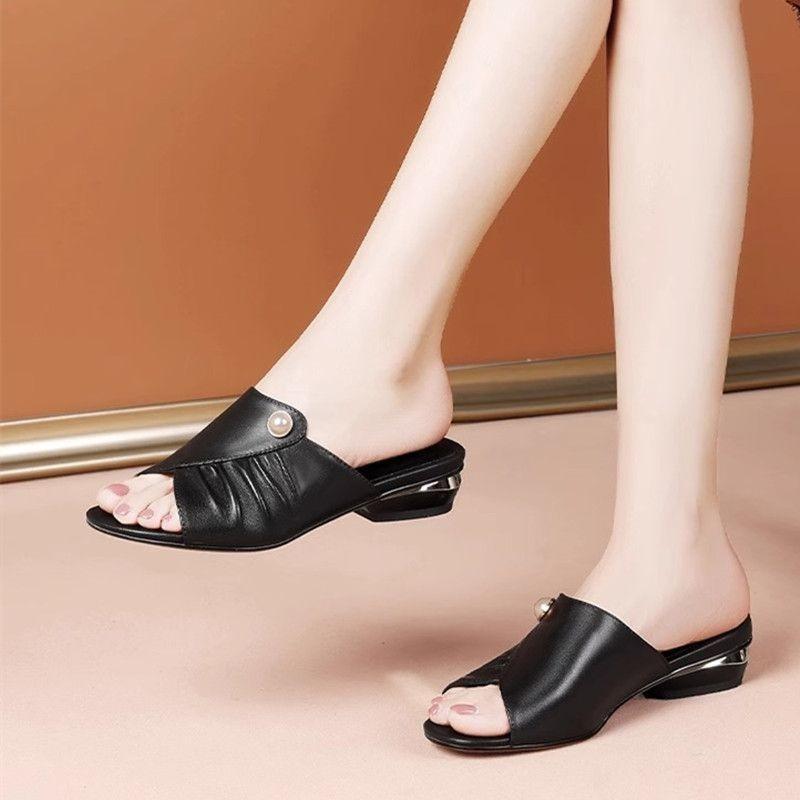 Soft leather fish mouth women's cool slippers women's outer wear summer new versatile soft leather comfortable middle heel slippers