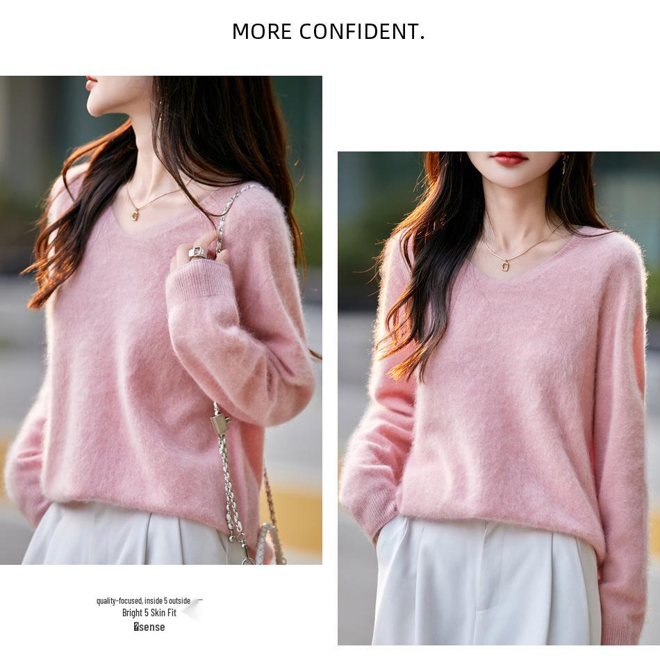 Autumn & Winter 100% Pure Wool V-Neck Loose Women's Knitted Sweater