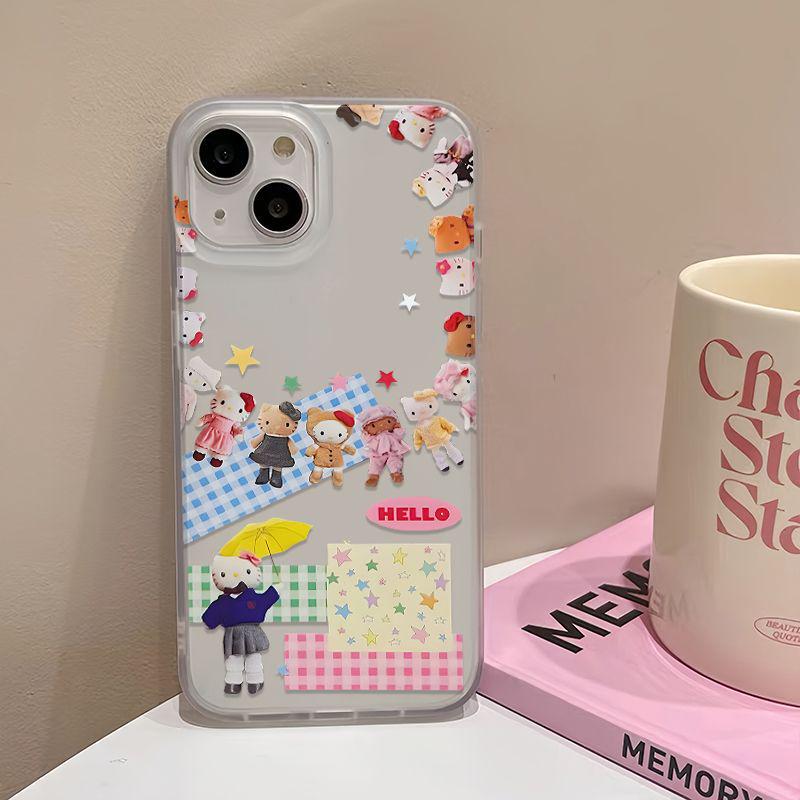 

Colorful Plaid Star KT Cat Phone Case for Apple 14/15, Transparent 16ProMax, Soft with Card Holder iPhone 14 Plus