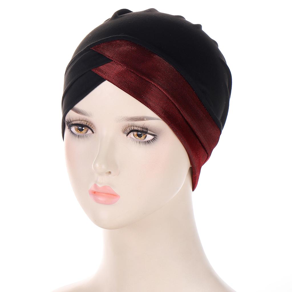 Stretch Fabric Shiny Thread Front Cross Indian Hat Crystal Linen Headscarf Muslim Base Layer Cap
