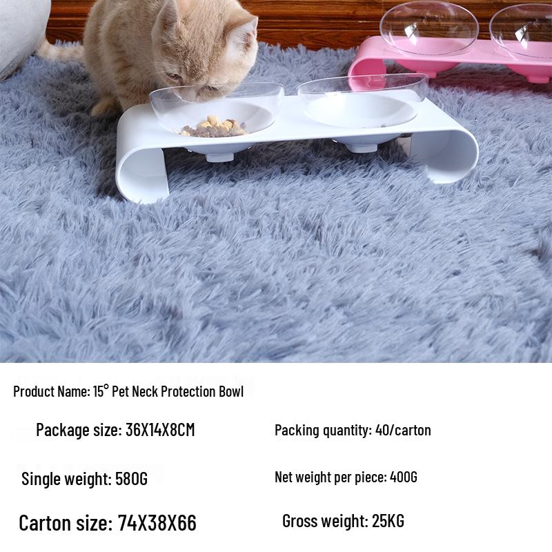 Pet Cat & Dog Transparent Double Bowl - Angled Food & Water Feeder with Neck Protection