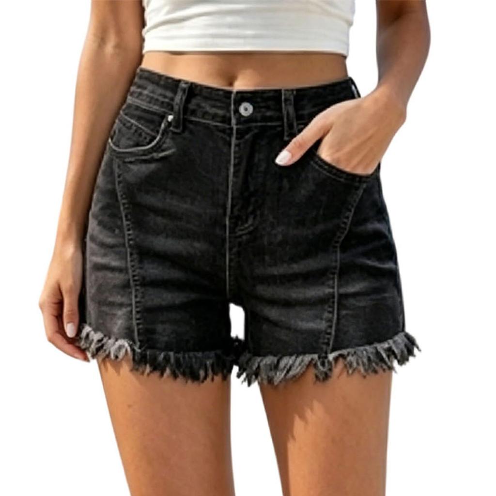 Women's Casual Denim Shorts with Washed Distressed Design Frayed Hem Stretch Fabric High Waist Classic Fit