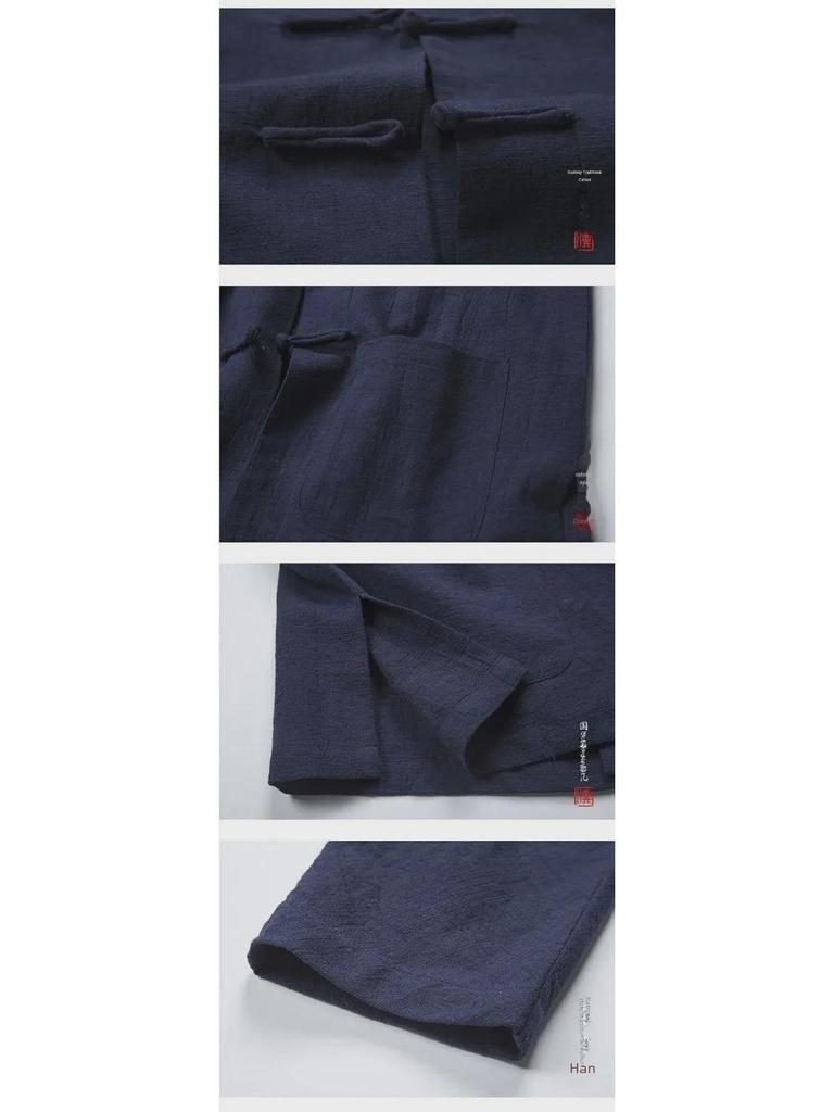 Men's Retro-Style Chinese Cotton Linen Stand Collar Shirt – Long-Sleeved for Spring and Autumn.