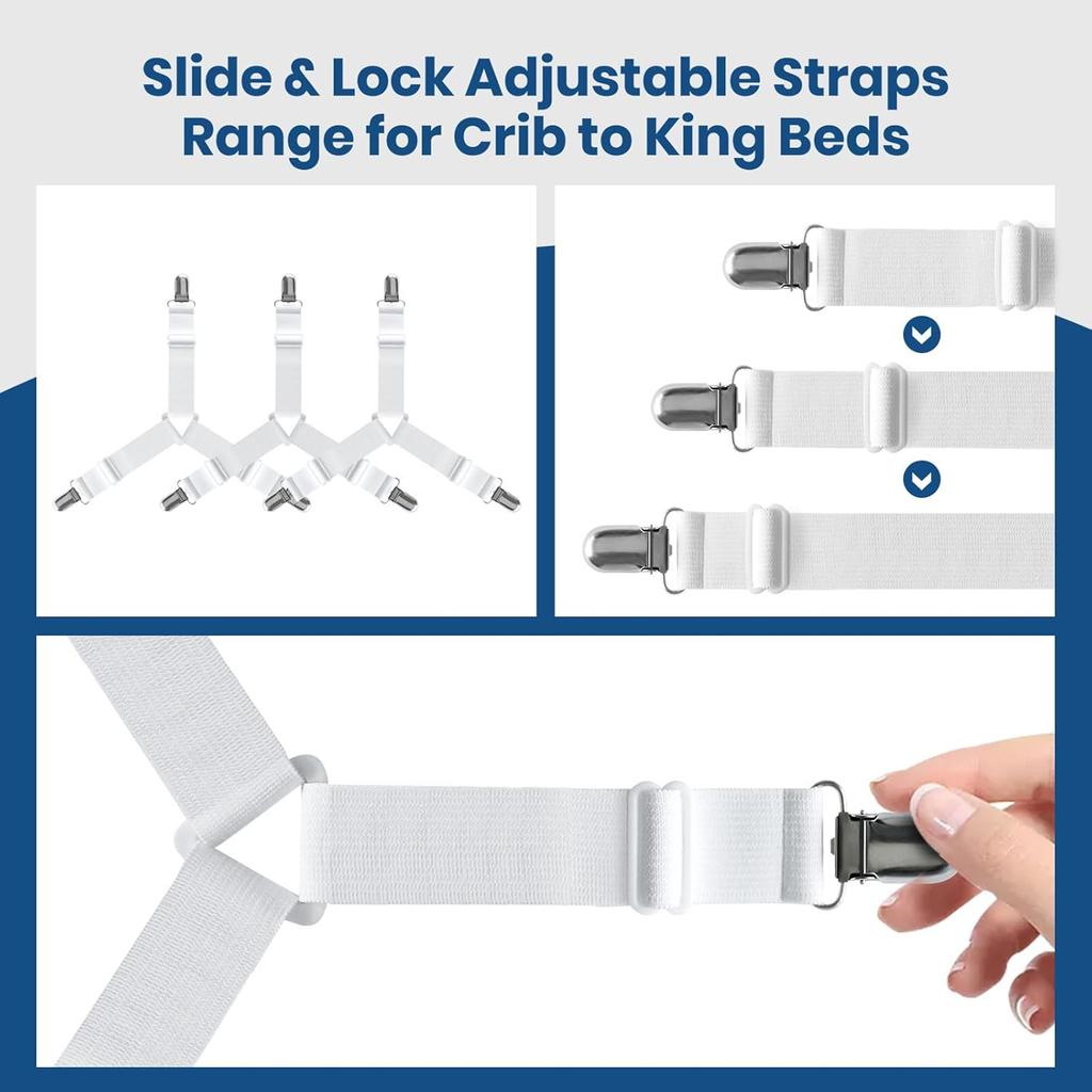 4 PCS Bed Sheet Straps – Adjustable Corner Clips to Keep Fitted Sheets in Place – Mattress Sheet Holders and Suspenders – Fits Twin, Queen, and