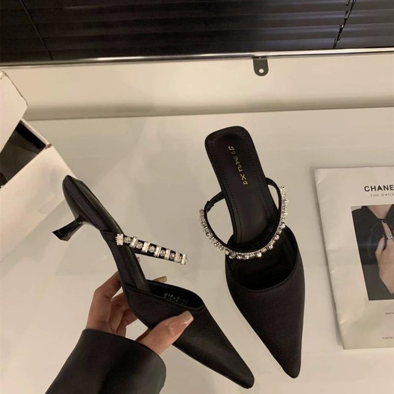 Fashion New Women's Black Rhinestones Heeled Mules Pump for Women Elegant Sparkly Sandals Slippers Women's Sexy High Heels Slingbacks