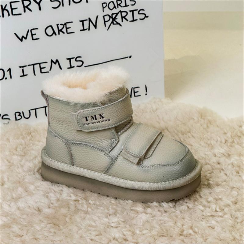 

Winter Children Snow Boots Genuine Leather Double Hook&Loop Warm Flush Kids Shoes Non-slip Girls Boys Boots 27 бежевый
