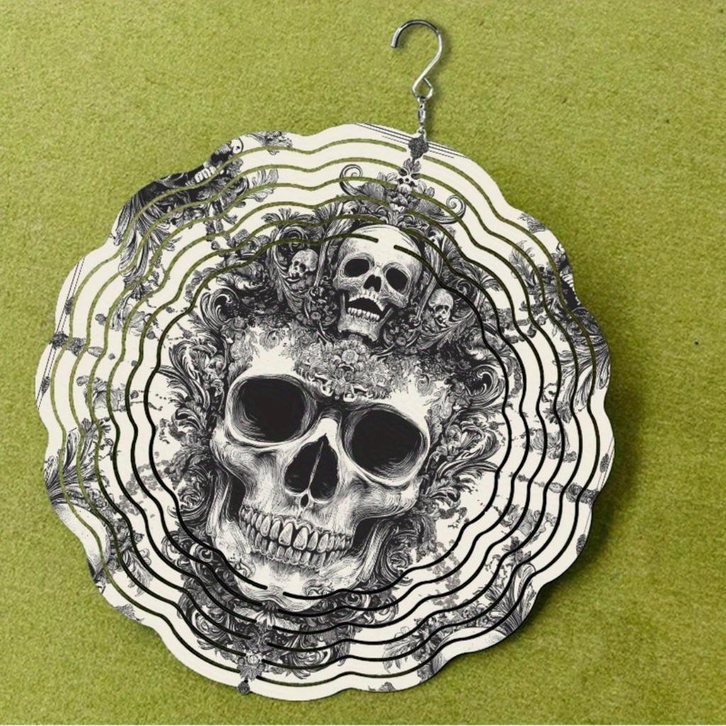 Metal Skull Wind Spinner - Intricate Engraved Design, Outdoor Hanging Decor for Garden and Patio, No Electricity Needed