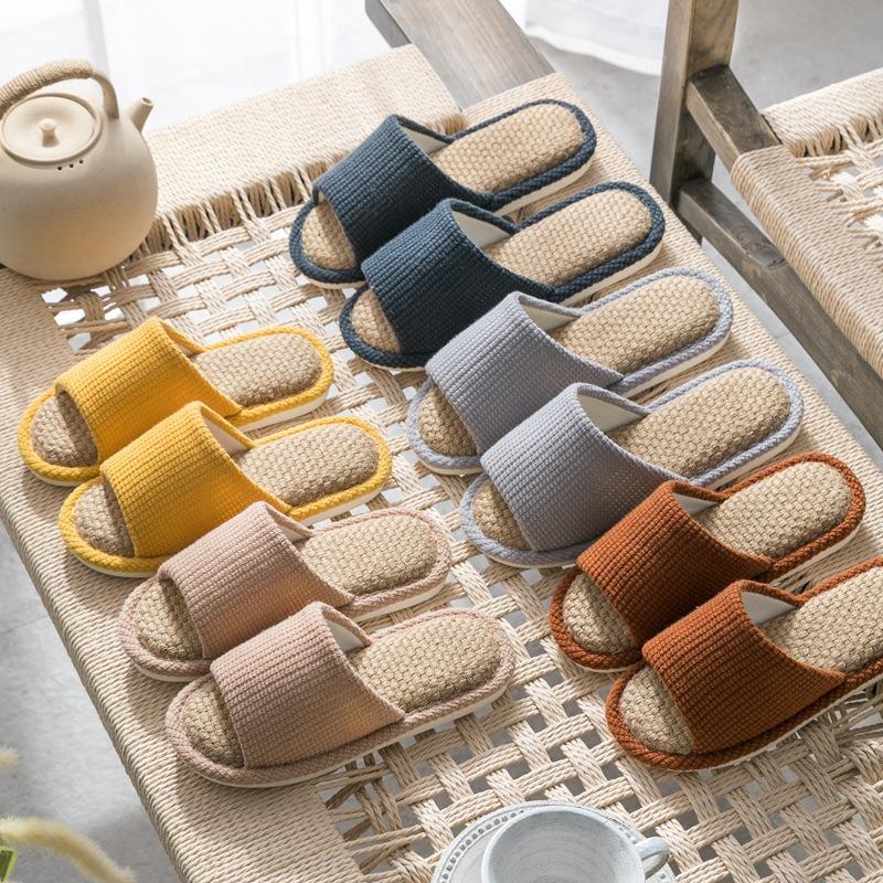Summer home indoor couple linen slippers men and women open floor slippers non-slip soft bottom