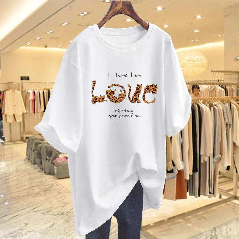 

2025 summer new cotton medium and long short-sleeved t-shirt women s large size thin belly cover versatile foreign style top round neck S